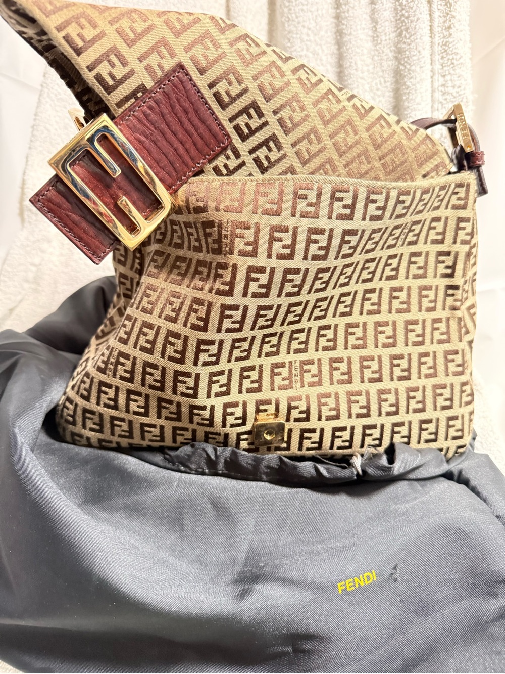 Fendi Tan and Brown FF Canvas Shoulder Bag with Gold Buckle - Picture 4 of 7